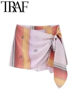 Женские шорты с тонкой печатной вышивкой TRAF, юбки с запахом, завязанные сбоку, Шорты с высокой талией, Женские короткие брюки Y2K 2023 Лето