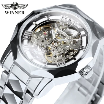 Автоматические часы WINNER Silver Skeleton для мужчин со светящимися стрелками, резной механизм, роскошные Брендовые механические часы relogio masculino