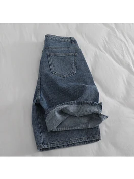 Американские винтажные повседневные синие джинсовые шорты с высокой талией, модные женские Y2K, широкие мешковатые прямые джинсовые брюки, женская одежда