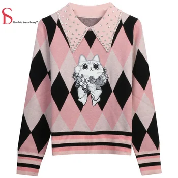 Трикотажный свитер, осенне-зимнее новое женское платье, контрастная нашивка с ромбическим котом, вышивка, топ-поло в стиле колледжа