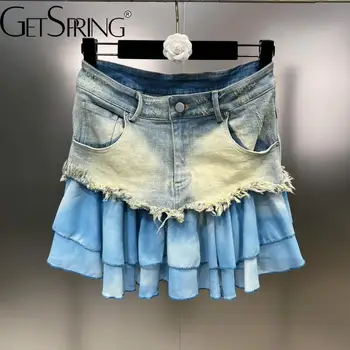 Женская юбка GetSpring 2023, Летняя Выстиранная джинсовая простроченная Многослойная верхняя юбка, модная универсальная мини-юбка неправильной формы с высокой талией